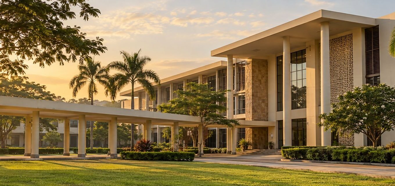 Nigerian university arts faculty building at golden hour