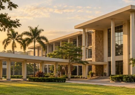 Nigerian university arts faculty building at golden hour