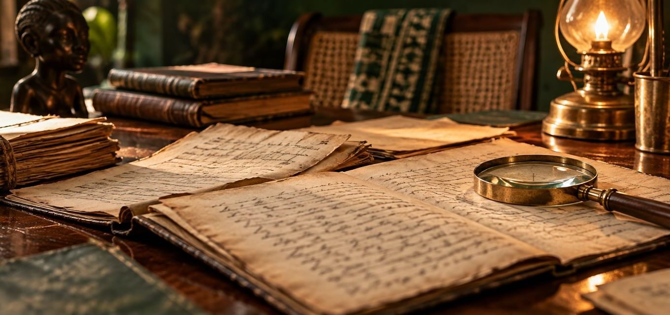 Historic handwritten mission records and a magnifying glass