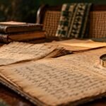 Historic handwritten mission records and a magnifying glass