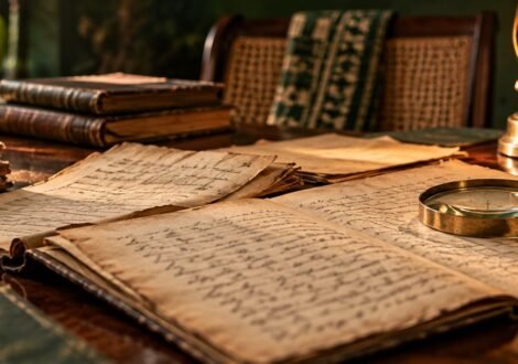 Historic handwritten mission records and a magnifying glass