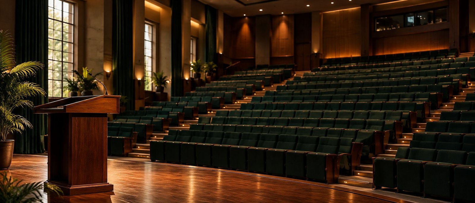 University lecture theatre prepared for an academic conference