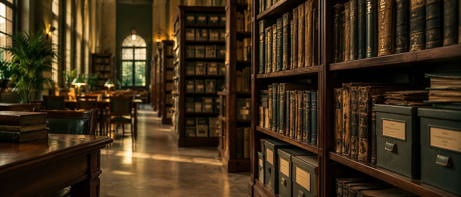 Library archive shelves with old books and archive boxes
