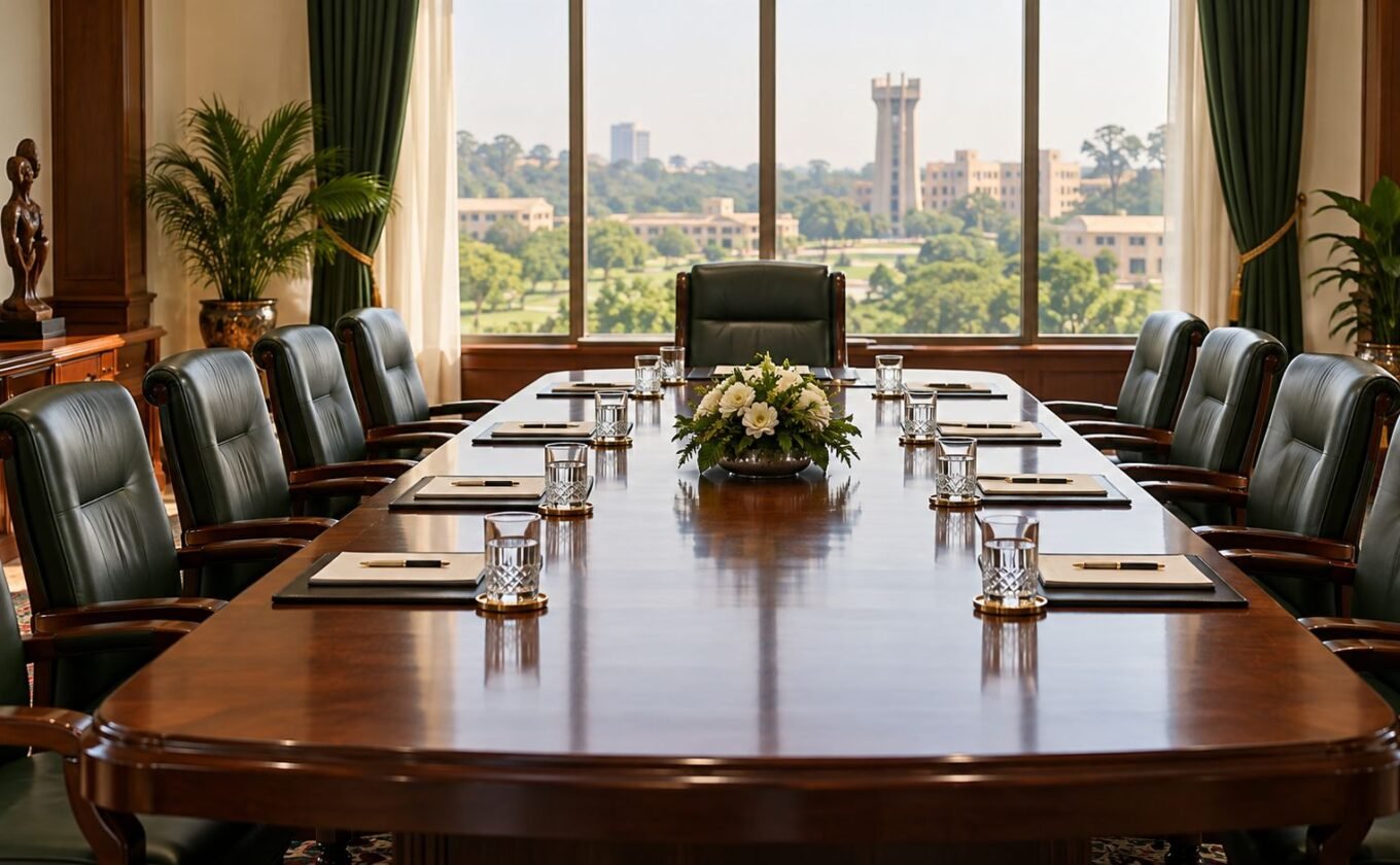University boardroom prepared for a formal meeting