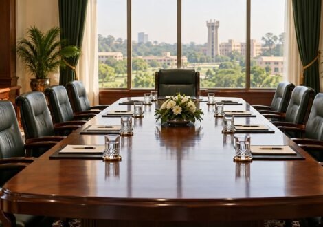 University boardroom prepared for a formal meeting